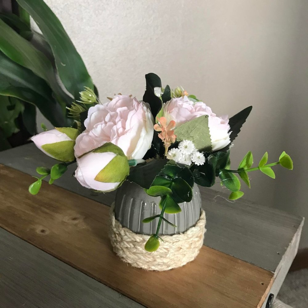 Handmade Pretty Pale Pink Floral Arrangement in Gray Jar